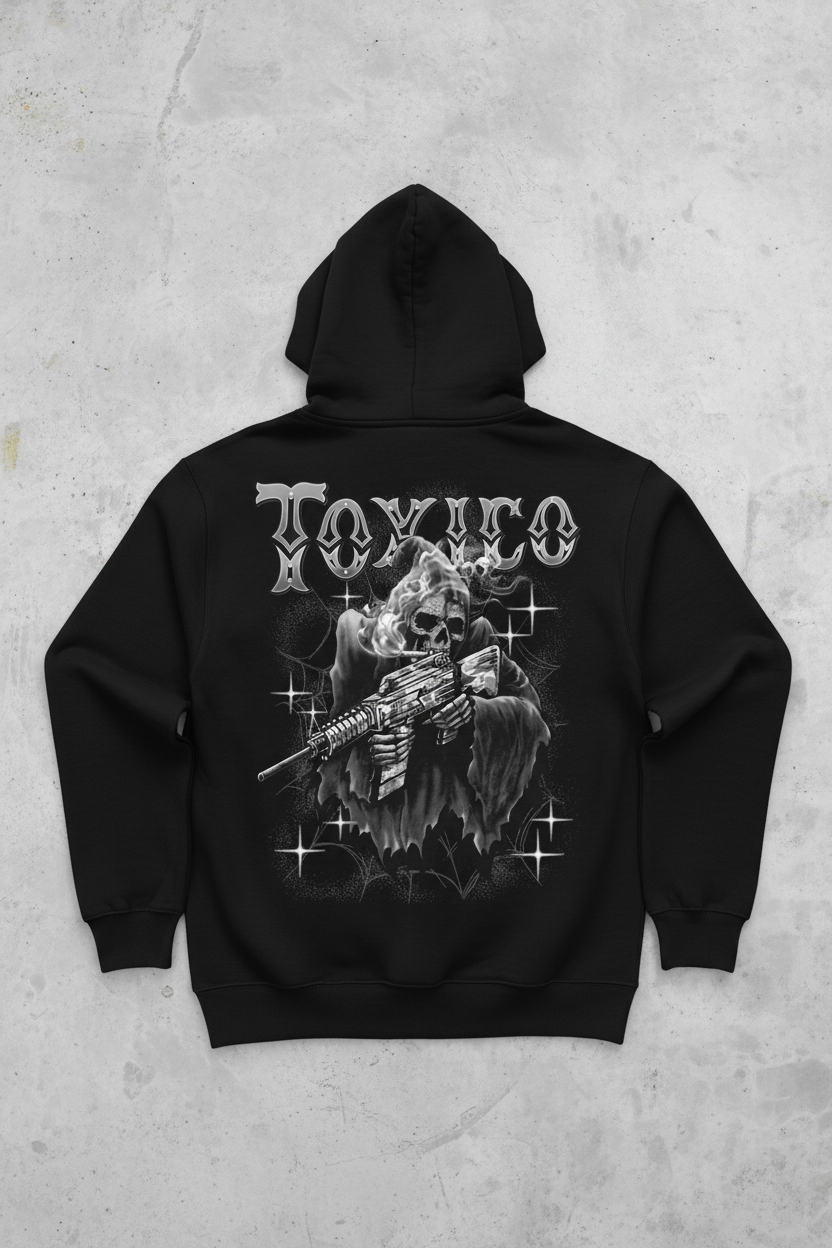Toxico black hoodie back grim reaper graphic
