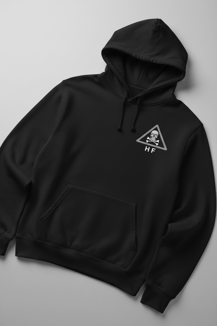 Toxico black hoodie front left chest HF skull logo